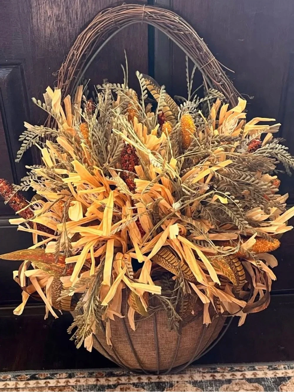 Rustic Autumn Wall Basket with Yellow and Brown Foliage